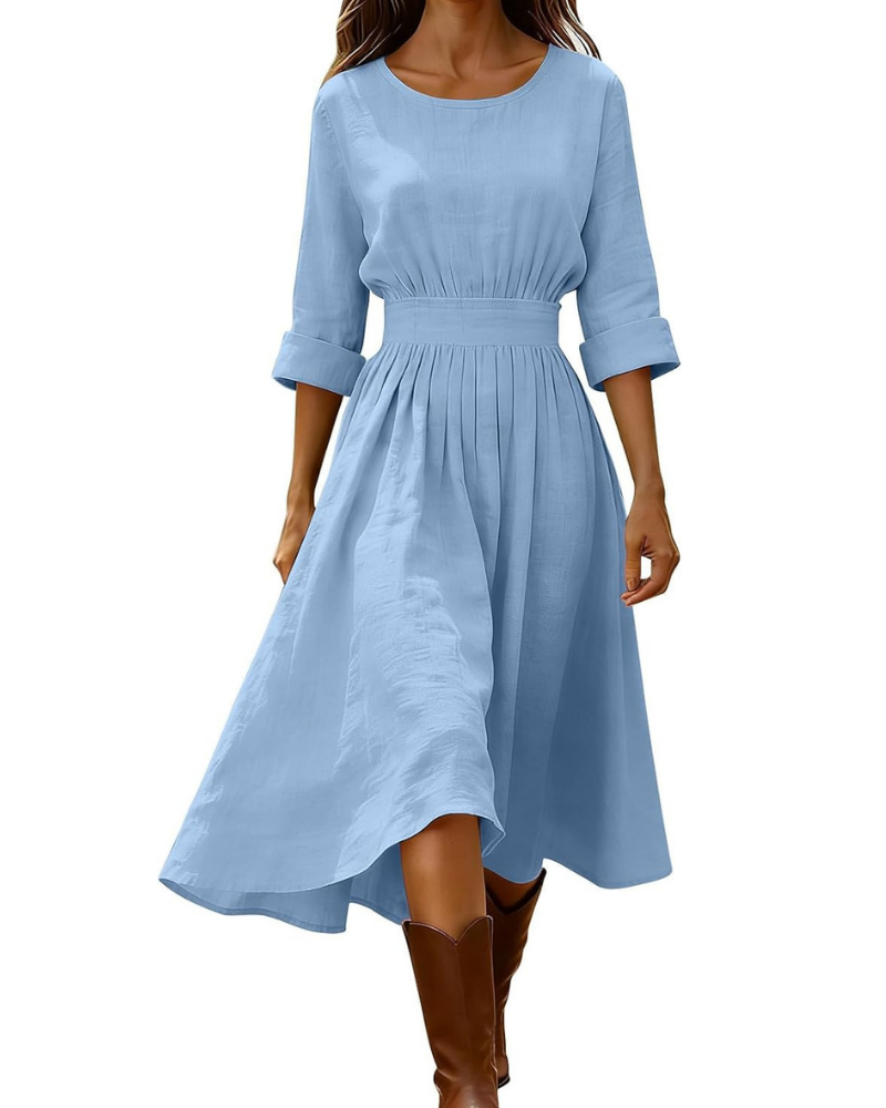 Emily Women's Long Dress – Cotton and Linen, V-Neck, Short Sleeves, and Vintage Buttons