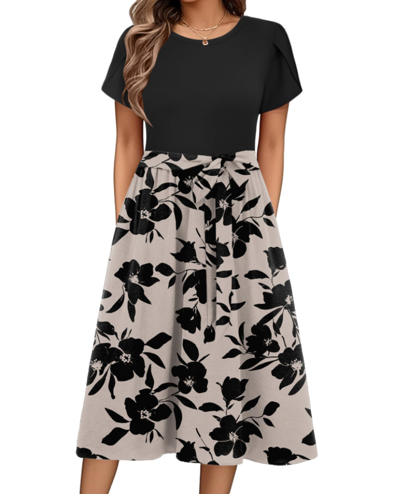 Vestido midi de mujer Maureen Abito con estampado floral – mangas de pétalo, cintura ajustable y bolsillos