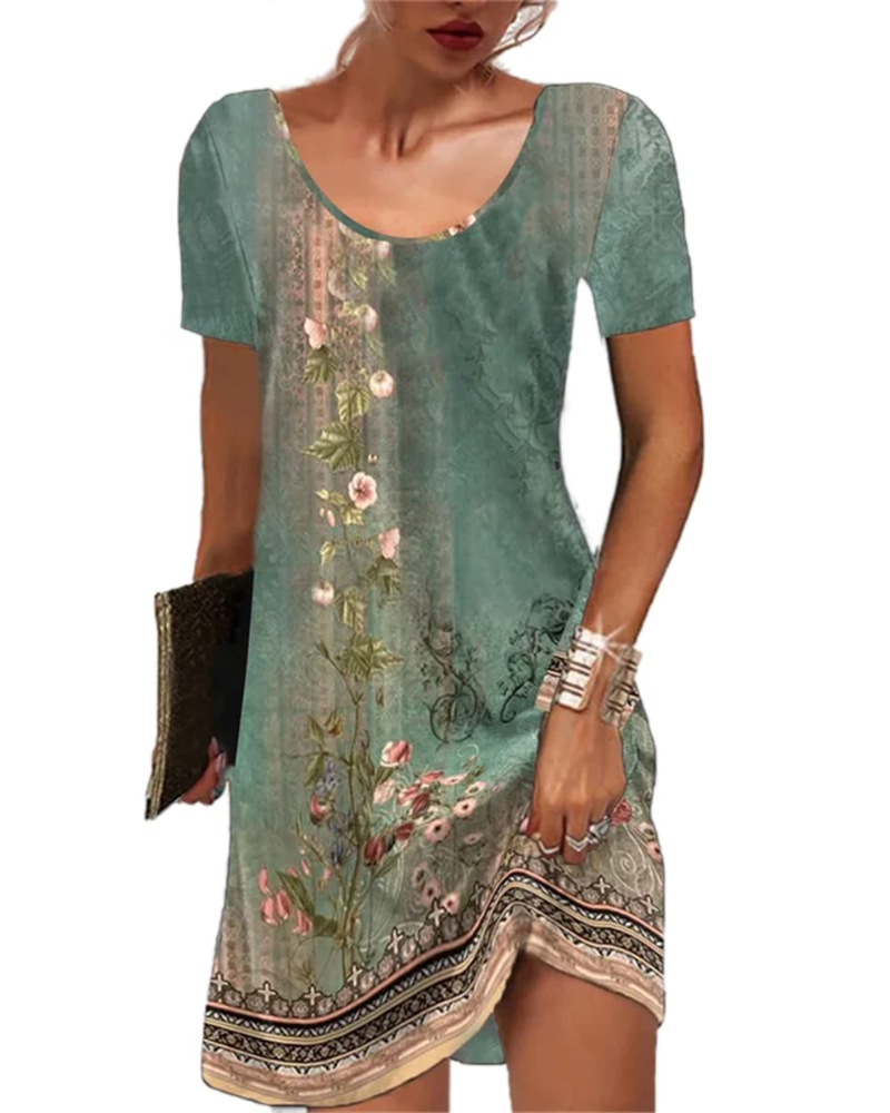 Vestido mini Priscilla para mujer, estilo bohemio – estampado floral, mangas cortas y corte holgado