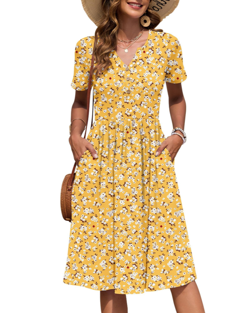 Robe midi Megan Abito Donna – Robe d'été avec décolleté en V, taille empire et poches