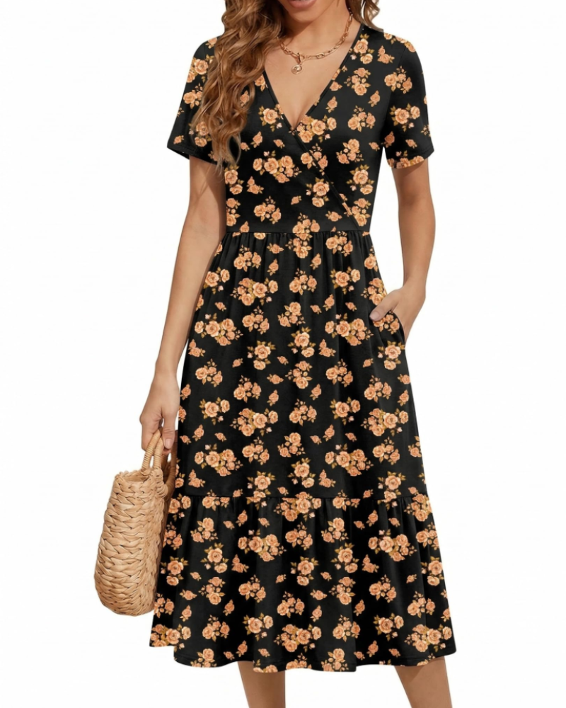 Heather Abito midi da donna floreale – scollo a V, vita alta, maniche corte e tasche