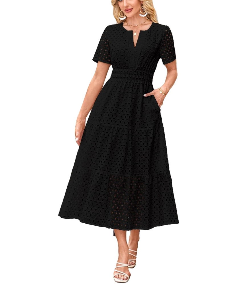 Sophia Rochie Maxi pentru Femei – Rochie de Vară din Bumbac cu Broderie, Decolteu în V și Buzunare