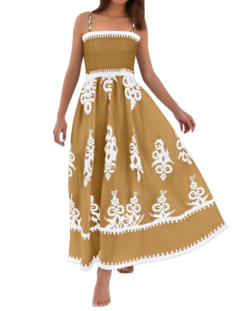 Natalie Vestito Donna Maxi – Dámské boho maxi šaty bez rukávů s potiskem a čtvercovým výstřihem