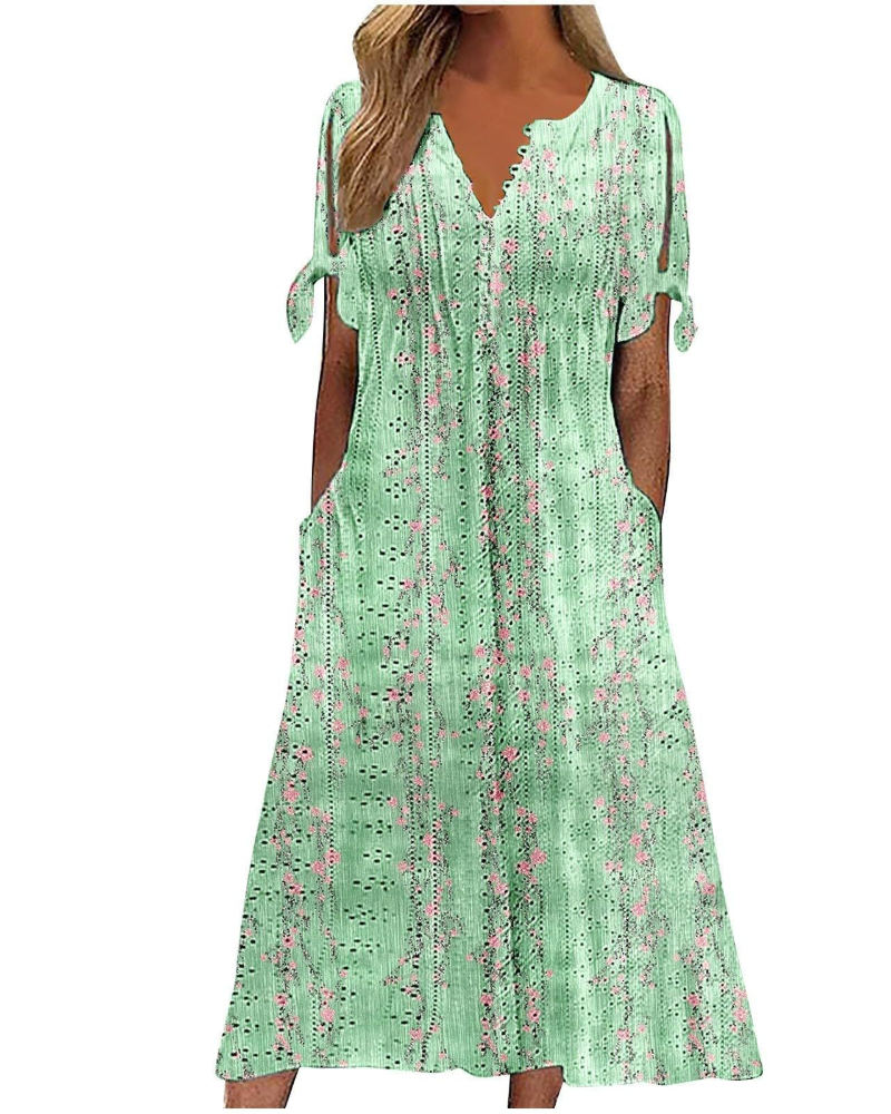 Robe midi Lillian Abito Donna – Robe bohème avec col en V, taille ajustable et poches