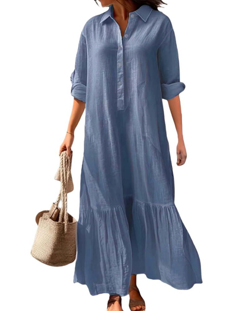 Brooke Long Dress for Women – Cotton and Linen Dress with Collar and Asymmetric Hem
