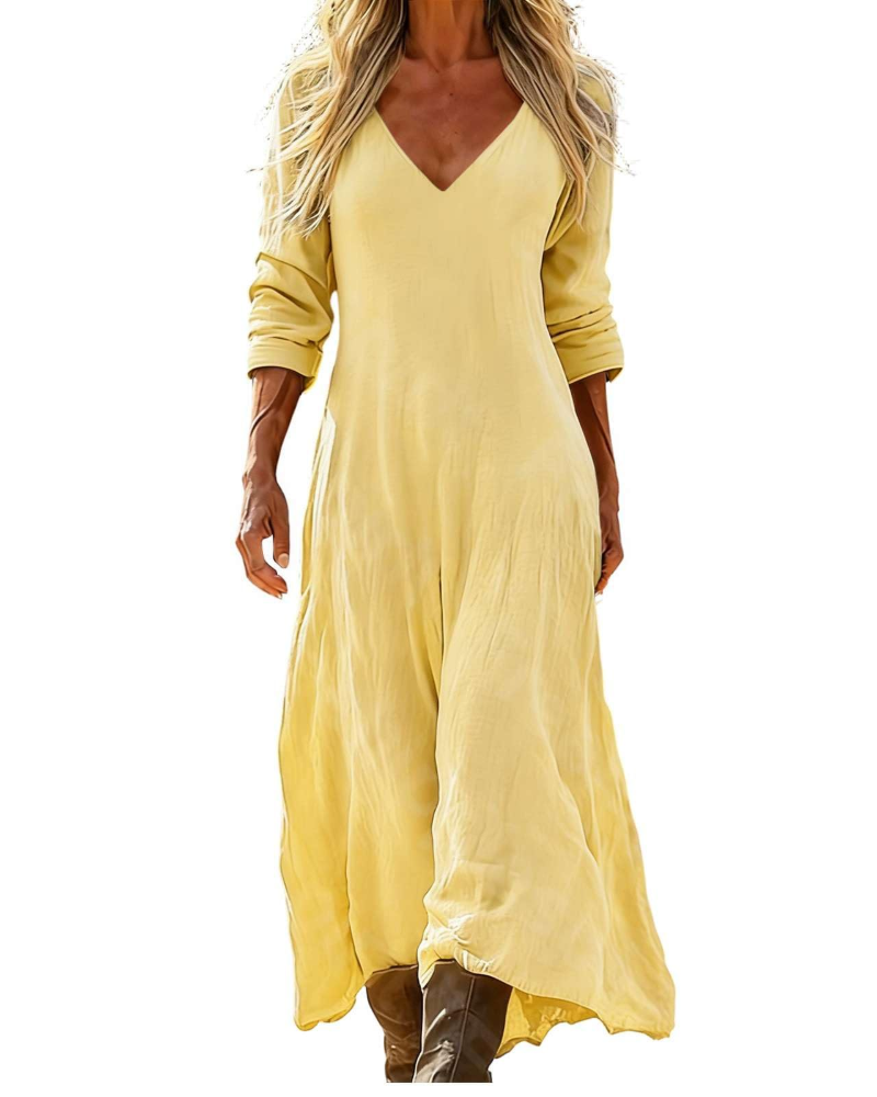 Eleanor Abito maxi damska boho – dekolt w serek, rękawy 3/4 i kieszenie