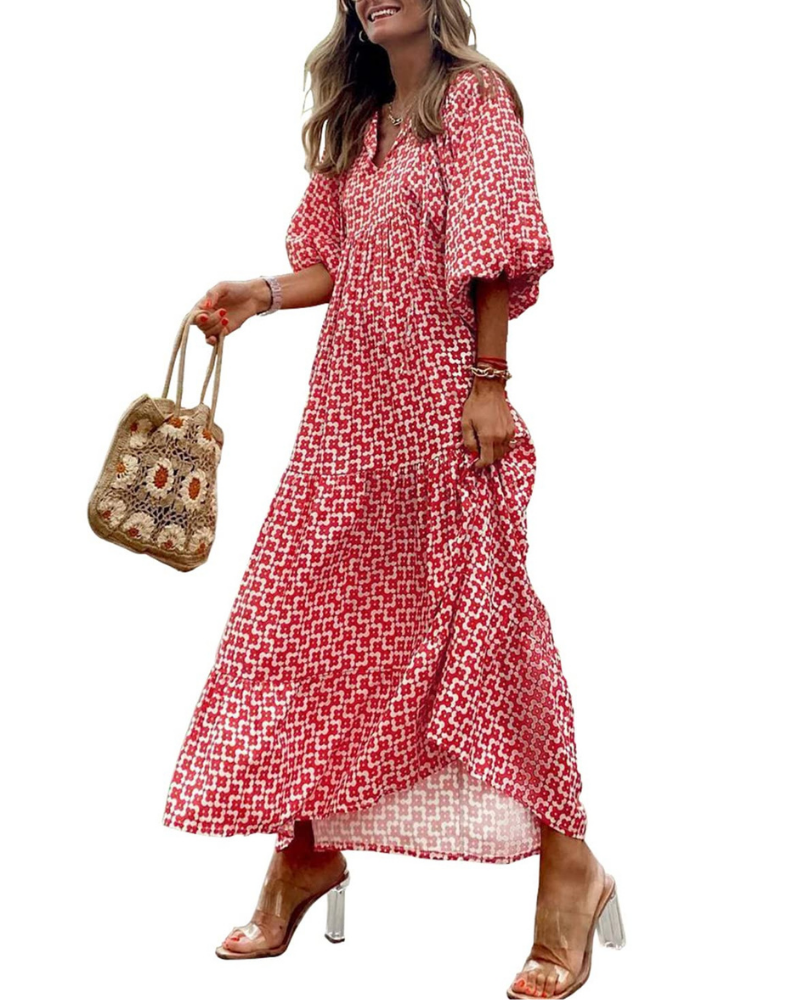 Clara Vestido de Mujer – Vestido Maxi Bohemio con Escote en V, Manga Tres Cuartos y Estampado Geométrico