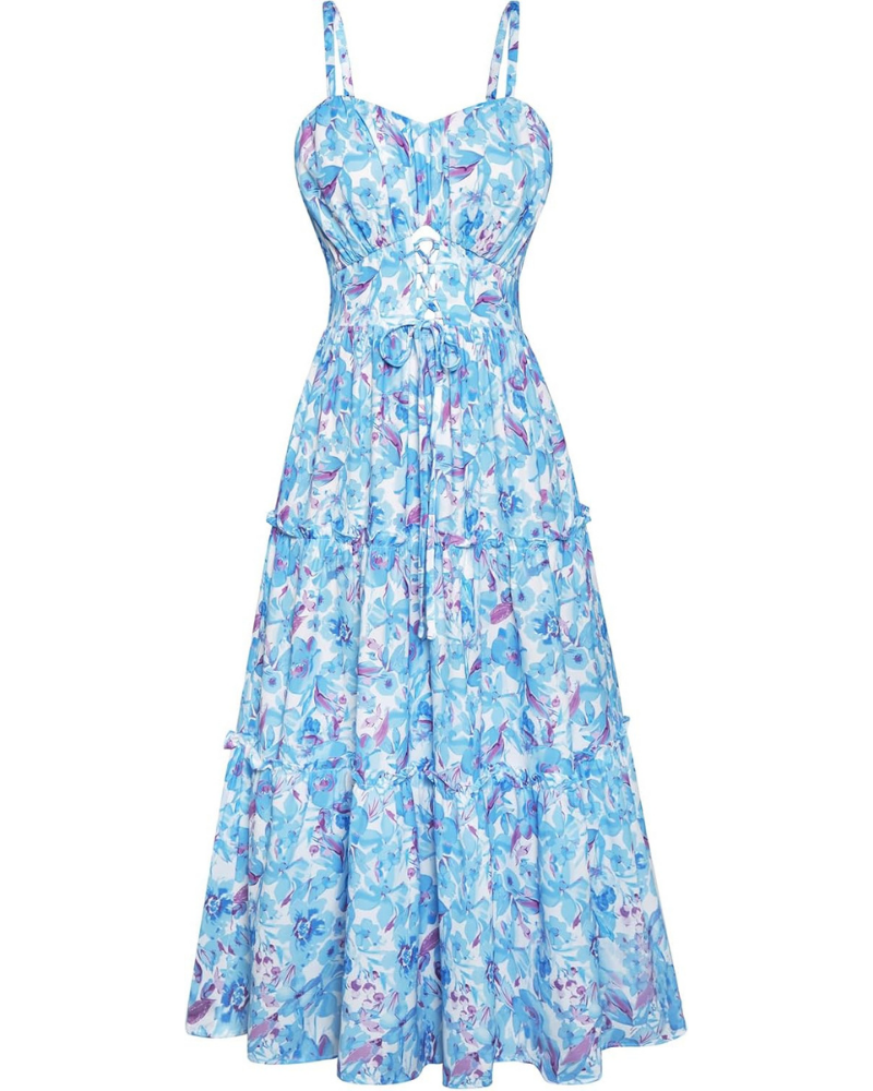 Robe midi pour femme Meredith – imprimé floral, bretelles réglables, dentelle et poches