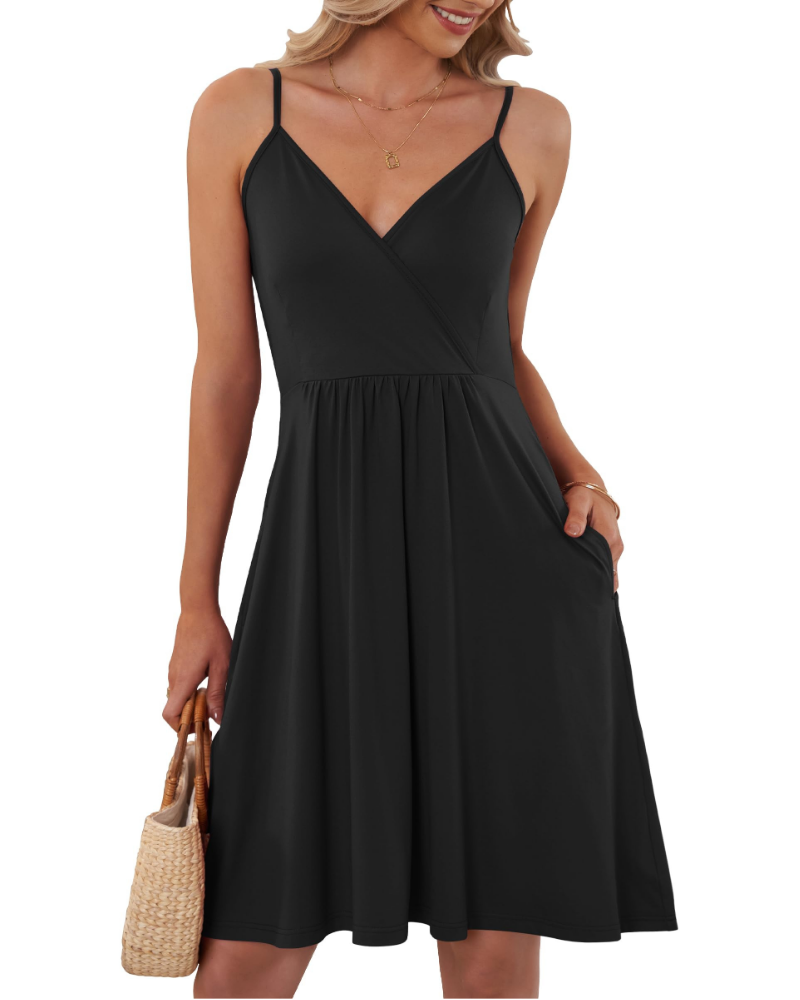 Everly Vestido Corto de Mujer – Escote en V, Tirantes Finos y Bolsillos Laterales
