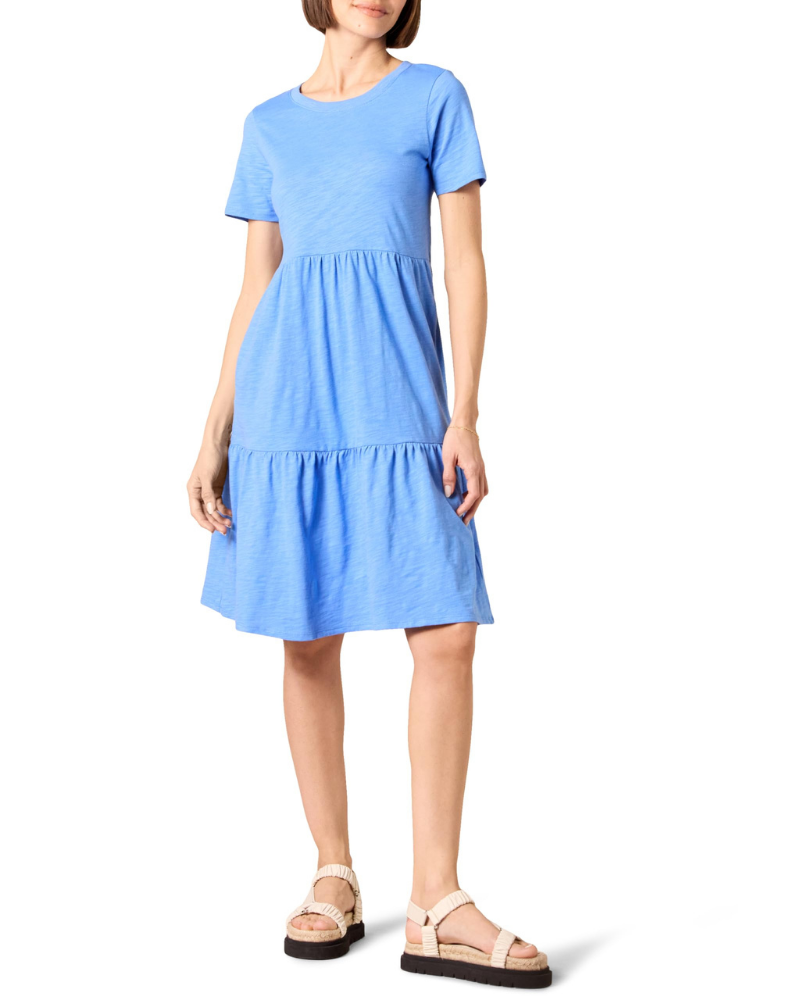 Robe évasée pour femme Bethany Abito – Robe en coton avec col rond, manches courtes et volants