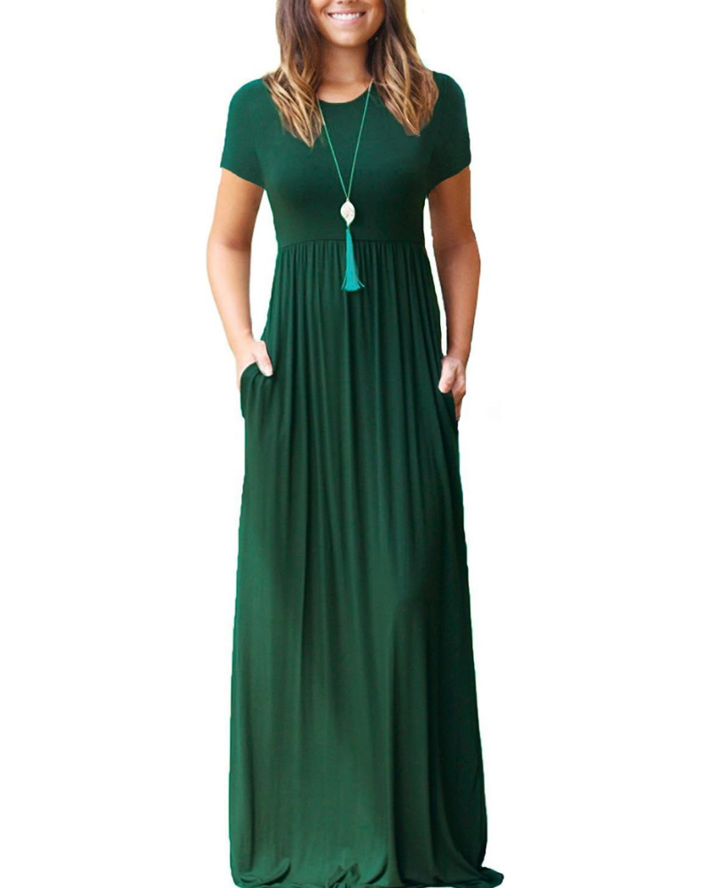 Delphine Abito Maxi Femme – Robe Longue avec Col Rond, Taille Haute et Poches