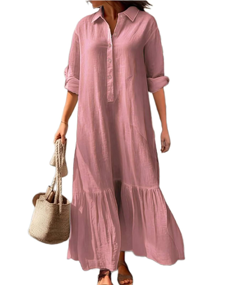 Brooke Long Dress for Women – Cotton and Linen Dress with Collar and Asymmetric Hem