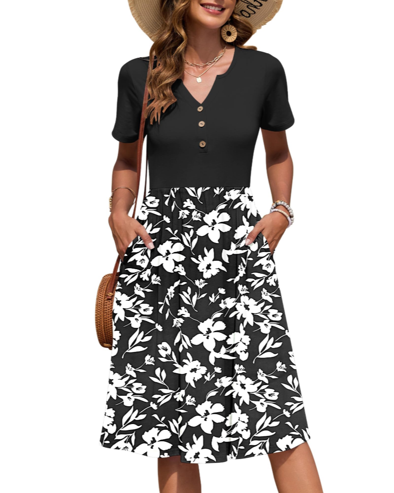Vestido midi de mujer Corinne Abito – Escote en V, cintura imperio plisada y bolsillos