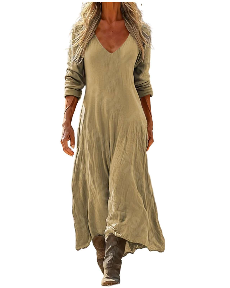 Eleanor Abito maxi damska boho – dekolt w serek, rękawy 3/4 i kieszenie
