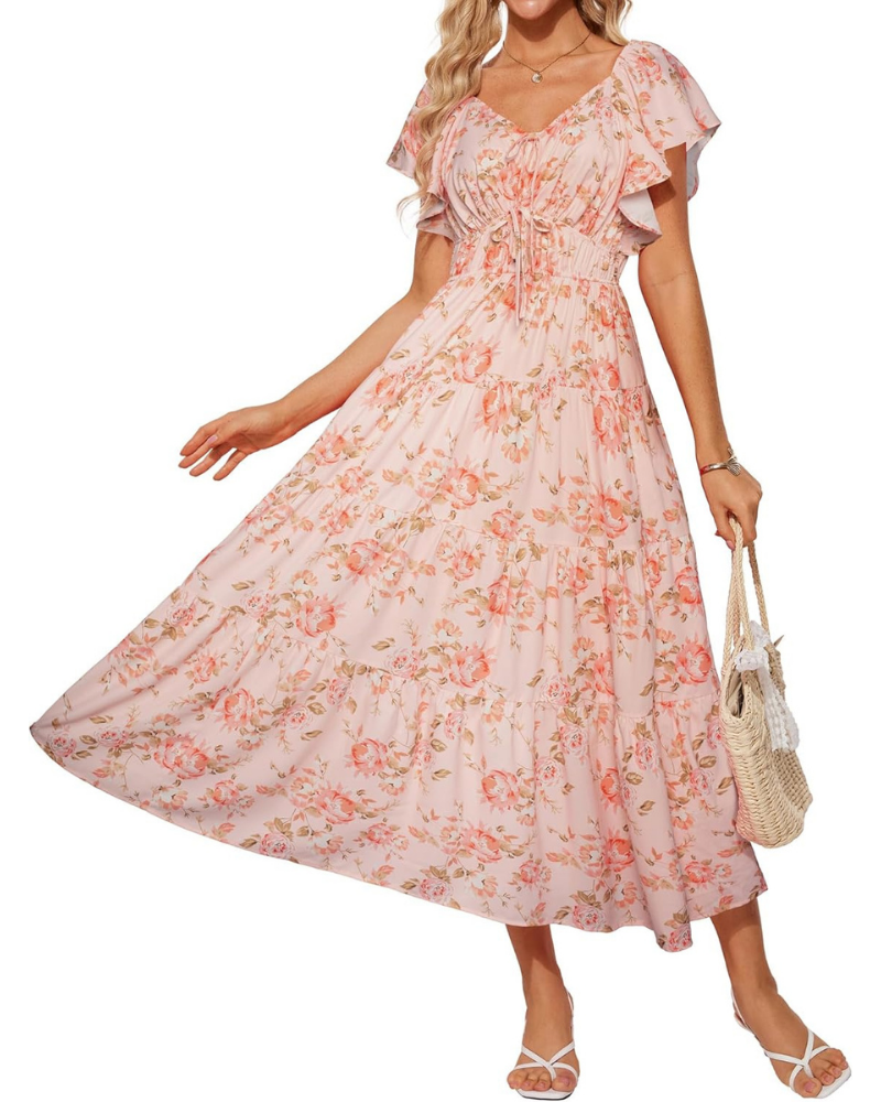 Bailey Women’s Maxi Dress – Floral Print, Square V-Neck, Ruffles, and Pockets