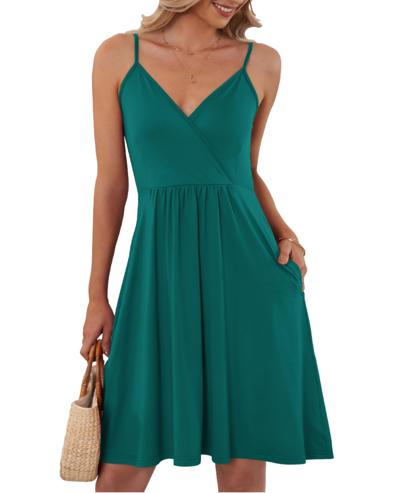 Everly Vestido Corto de Mujer – Escote en V, Tirantes Finos y Bolsillos Laterales