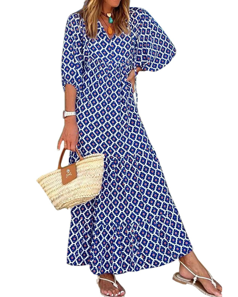 Clara Vestido de Mujer – Vestido Maxi Bohemio con Escote en V, Manga Tres Cuartos y Estampado Geométrico