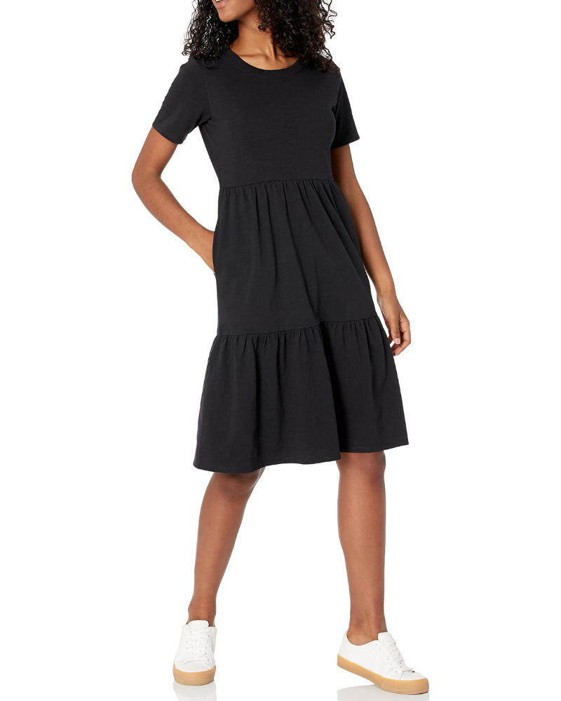 Robe évasée pour femme Bethany Abito – Robe en coton avec col rond, manches courtes et volants