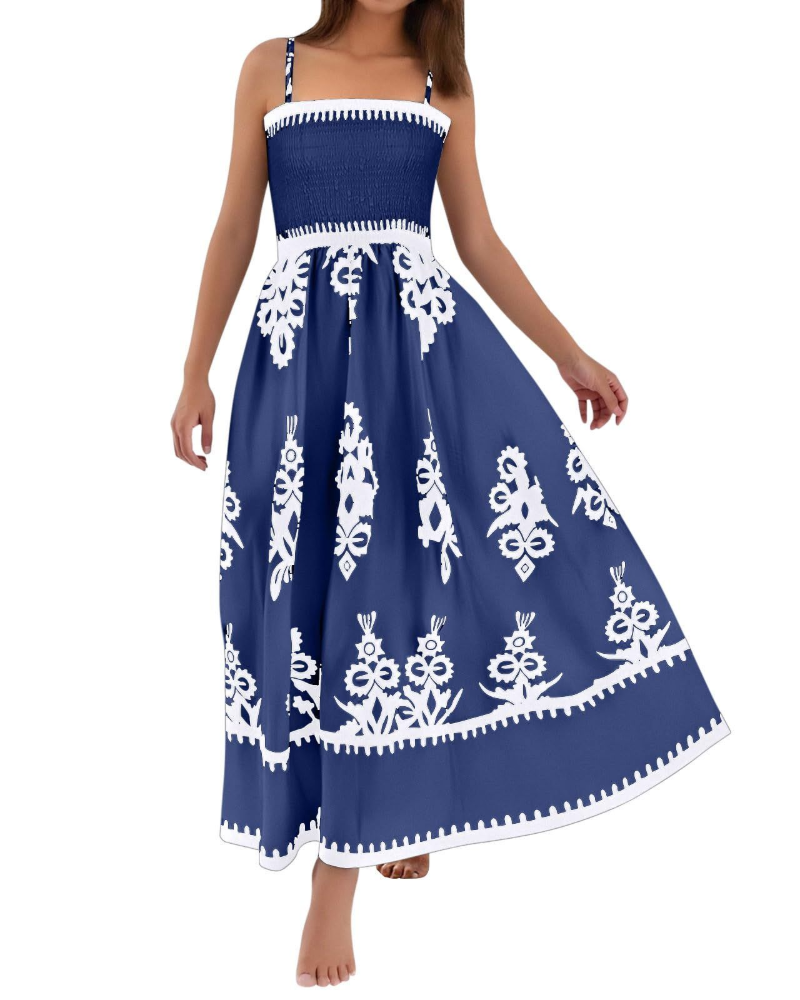 Natalie Vestito Donna Maxi – Dámské boho maxi šaty bez rukávů s potiskem a čtvercovým výstřihem