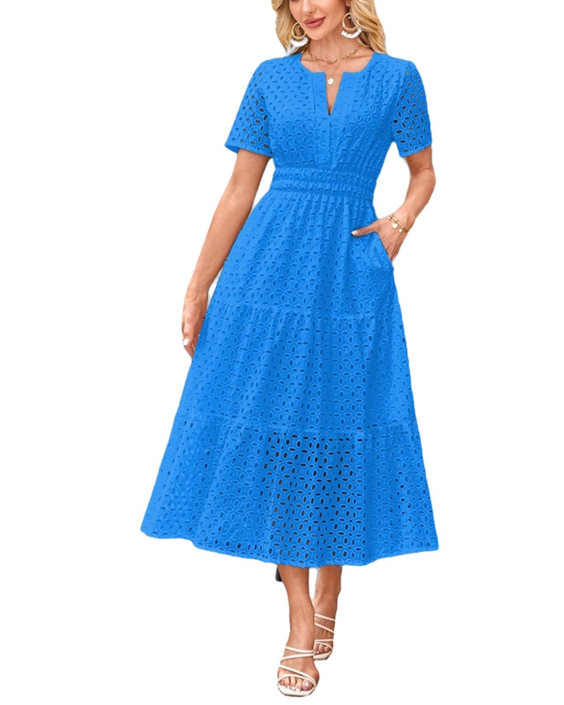 Sophia Rochie Maxi pentru Femei – Rochie de Vară din Bumbac cu Broderie, Decolteu în V și Buzunare