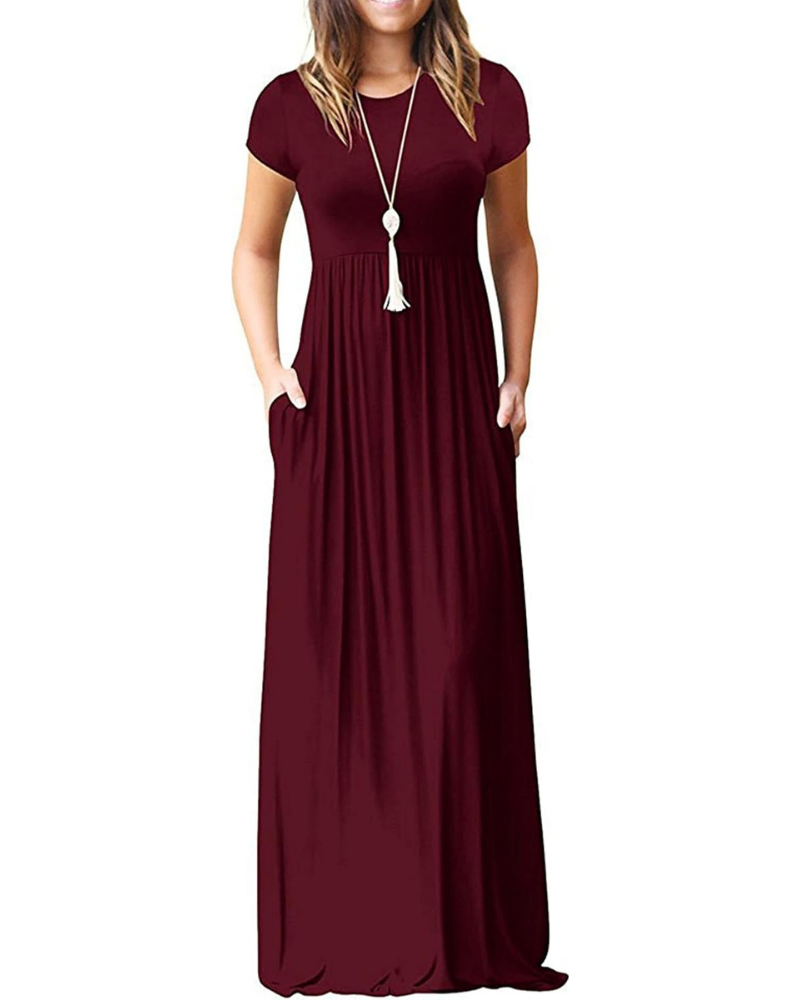 Delphine Abito Maxi Femme – Robe Longue avec Col Rond, Taille Haute et Poches