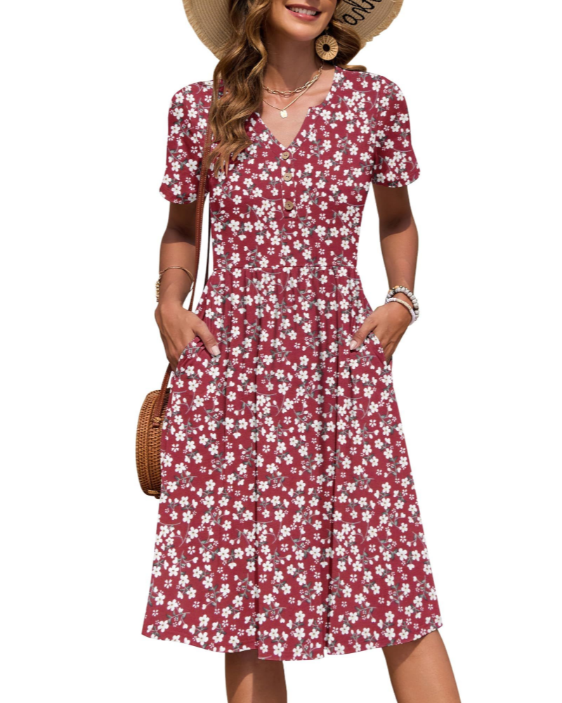 Robe midi Megan Abito Donna – Robe d'été avec décolleté en V, taille empire et poches