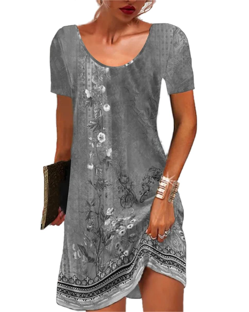 Vestido mini Priscilla para mujer, estilo bohemio – estampado floral, mangas cortas y corte holgado