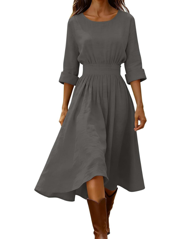 Emily Women's Long Dress – Cotton and Linen, V-Neck, Short Sleeves, and Vintage Buttons