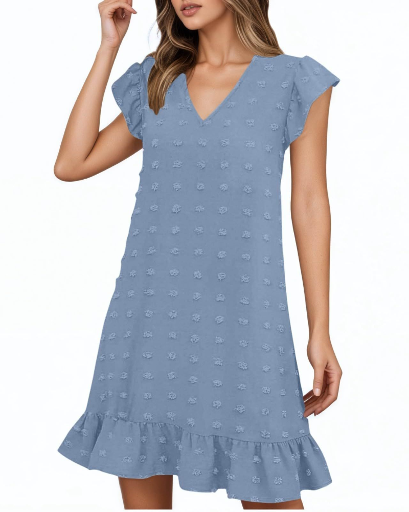 Rochie midi de vară pentru femei Audrey – Rochie cu decolteu în V și mâneci cu volane