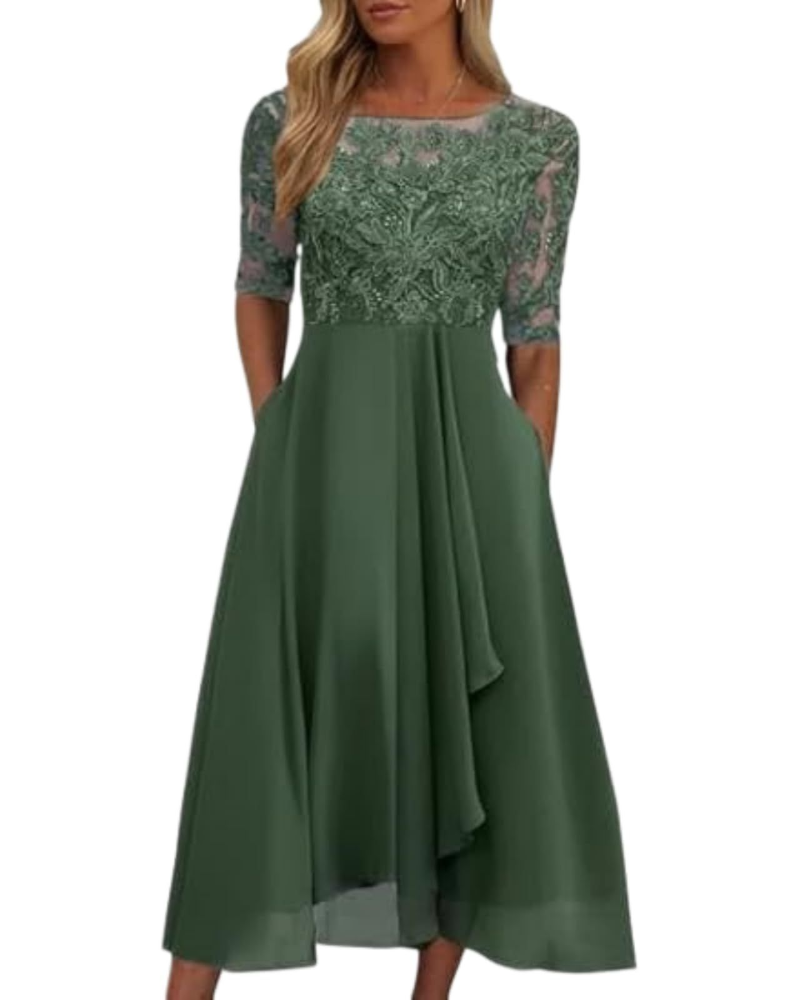 Victoria Women's Midi Dress – Lace and Chiffon Dress with Half Sleeves