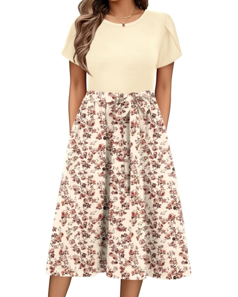 Vestido midi de mujer Maureen Abito con estampado floral – mangas de pétalo, cintura ajustable y bolsillos