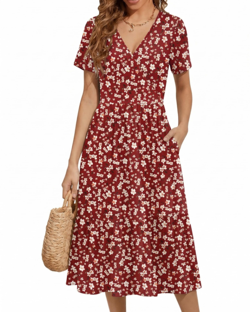 Heather Abito midi da donna floreale – scollo a V, vita alta, maniche corte e tasche