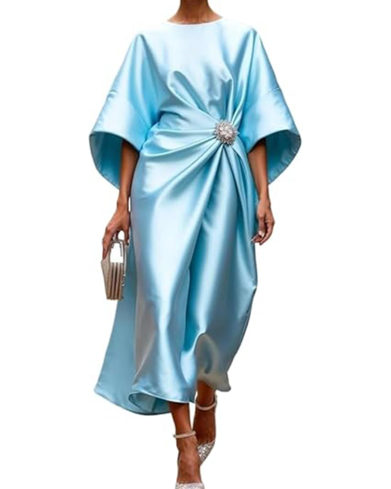Natalie Abito Maxi Woman – Elegant Satin Dress with Batwing Sleeves and Draped Waist