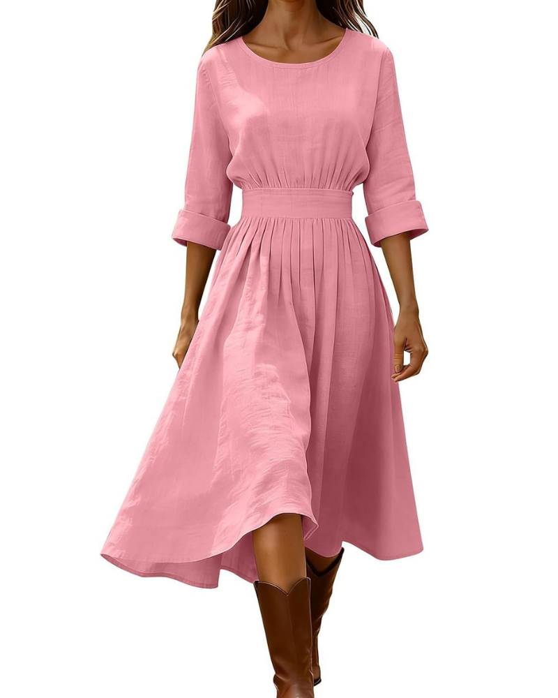 Emily Women's Long Dress – Cotton and Linen, V-Neck, Short Sleeves, and Vintage Buttons