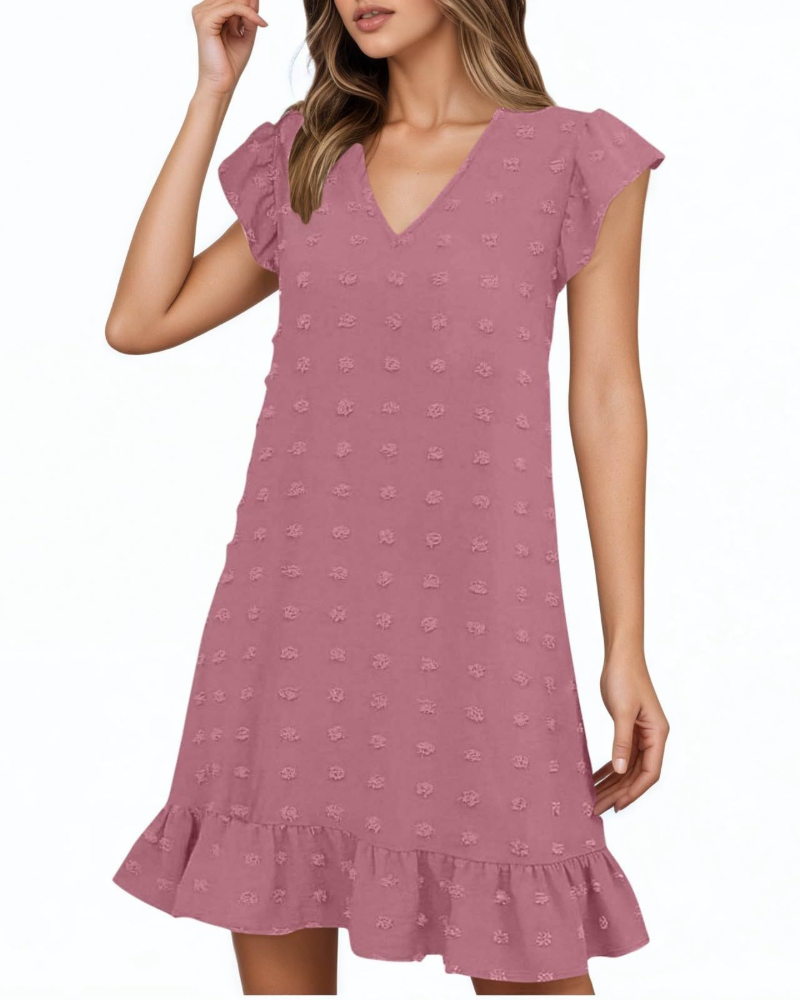 Rochie midi de vară pentru femei Audrey – Rochie cu decolteu în V și mâneci cu volane