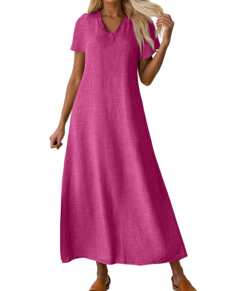 Evelyn Damenweste Lang – Leinenkleid mit V-Ausschnitt & lockerer Passform