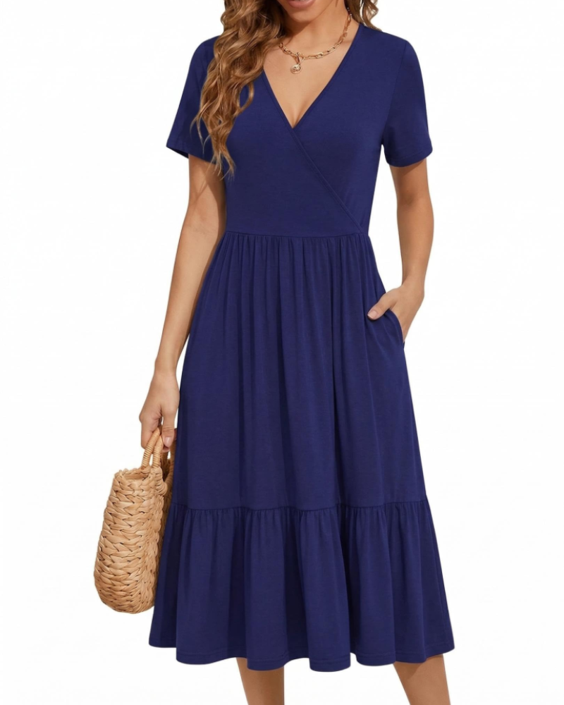 Heather Abito midi da donna floreale – scollo a V, vita alta, maniche corte e tasche