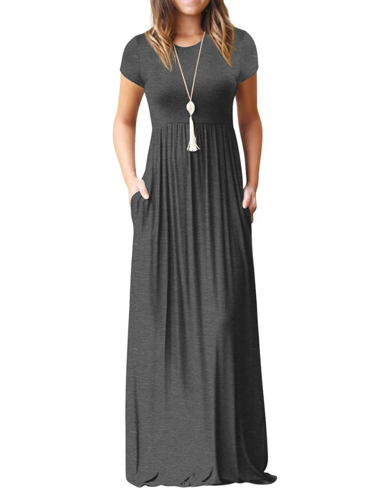 Delphine Abito Maxi Femme – Robe Longue avec Col Rond, Taille Haute et Poches