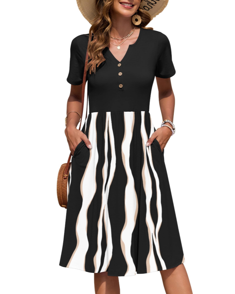 Vestido midi de mujer Corinne Abito – Escote en V, cintura imperio plisada y bolsillos