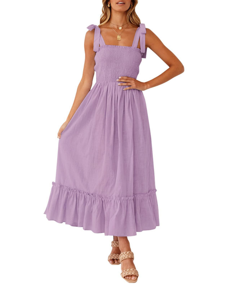 Amelia Women's Dress – Boho Floral Dress with Tied Straps, Smocked Bust & Tiered Skirt