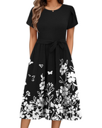 Rochie midi Maureen Abito pentru femei, cu imprimeu floral – mâneci tip petală, centură reglabilă și buzunare