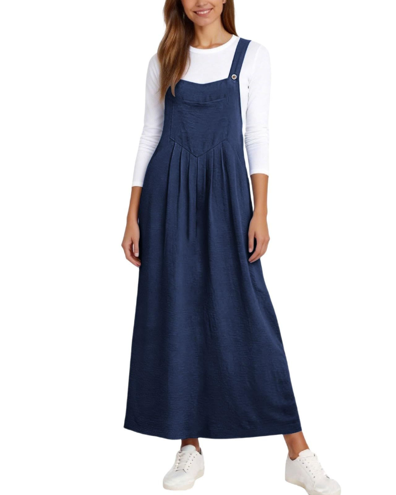 Madison Women's Overalls Dress – A-Line Midi Dress with Adjustable Straps and Pockets