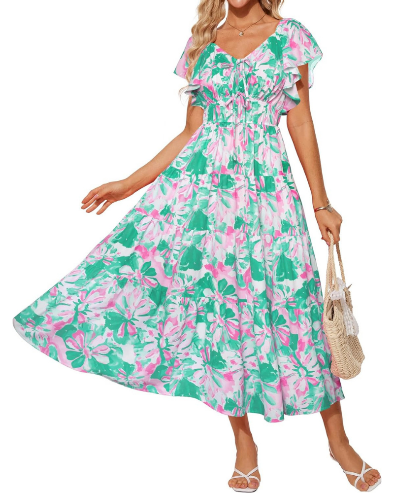 Bailey Women’s Maxi Dress – Floral Print, Square V-Neck, Ruffles, and Pockets