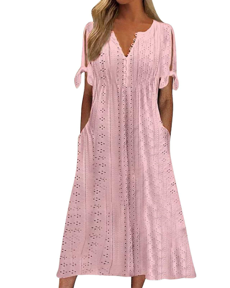 Robe midi Lillian Abito Donna – Robe bohème avec col en V, taille ajustable et poches