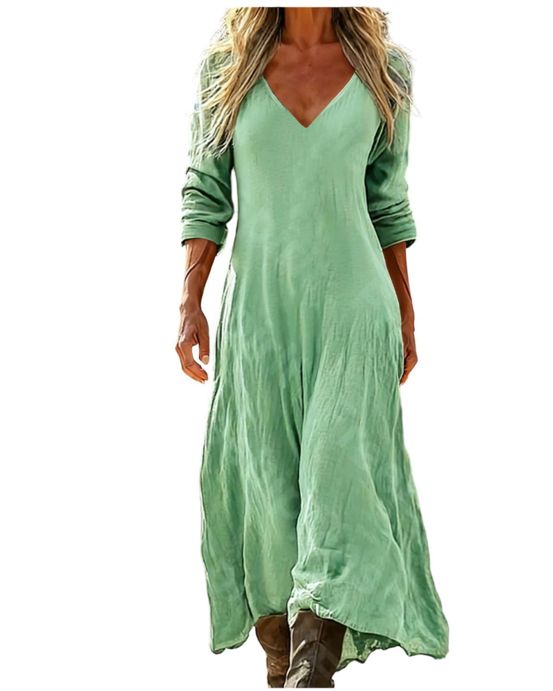 Eleanor Abito maxi damska boho – dekolt w serek, rękawy 3/4 i kieszenie