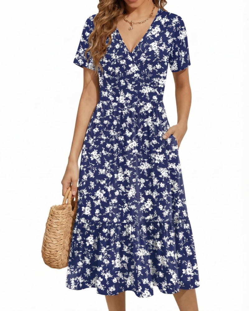 Heather Abito midi da donna floreale – scollo a V, vita alta, maniche corte e tasche
