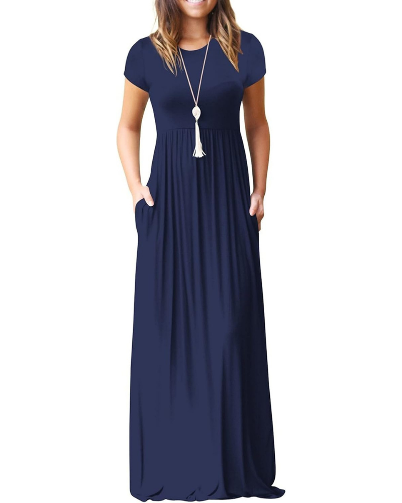 Delphine Abito Maxi Femme – Robe Longue avec Col Rond, Taille Haute et Poches