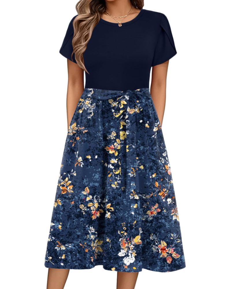 Vestido midi de mujer Maureen Abito con estampado floral – mangas de pétalo, cintura ajustable y bolsillos