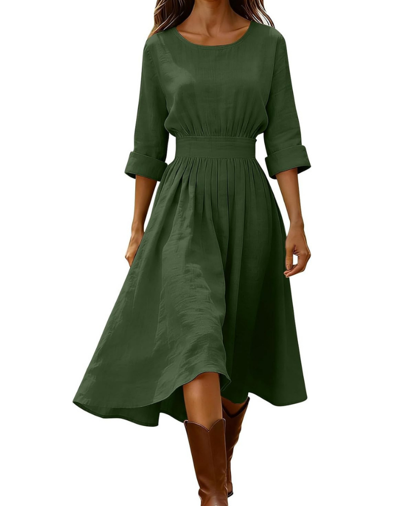 Emily Women's Long Dress – Cotton and Linen, V-Neck, Short Sleeves, and Vintage Buttons