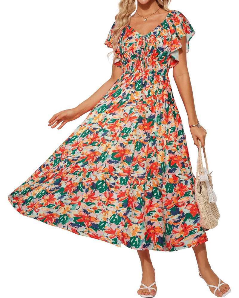 Bailey Women’s Maxi Dress – Floral Print, Square V-Neck, Ruffles, and Pockets